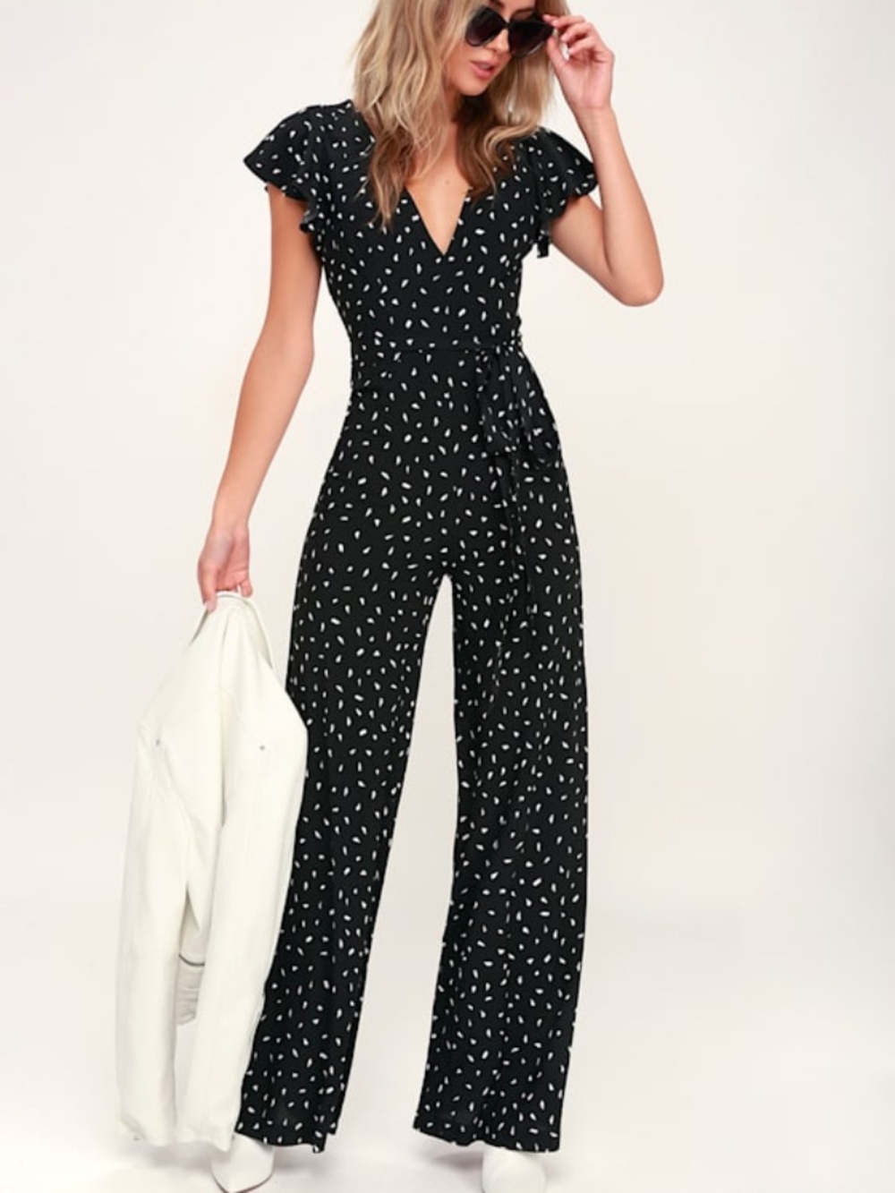 Lulus Fine Print Black And White Print Backless Jumpsuit - Size XS